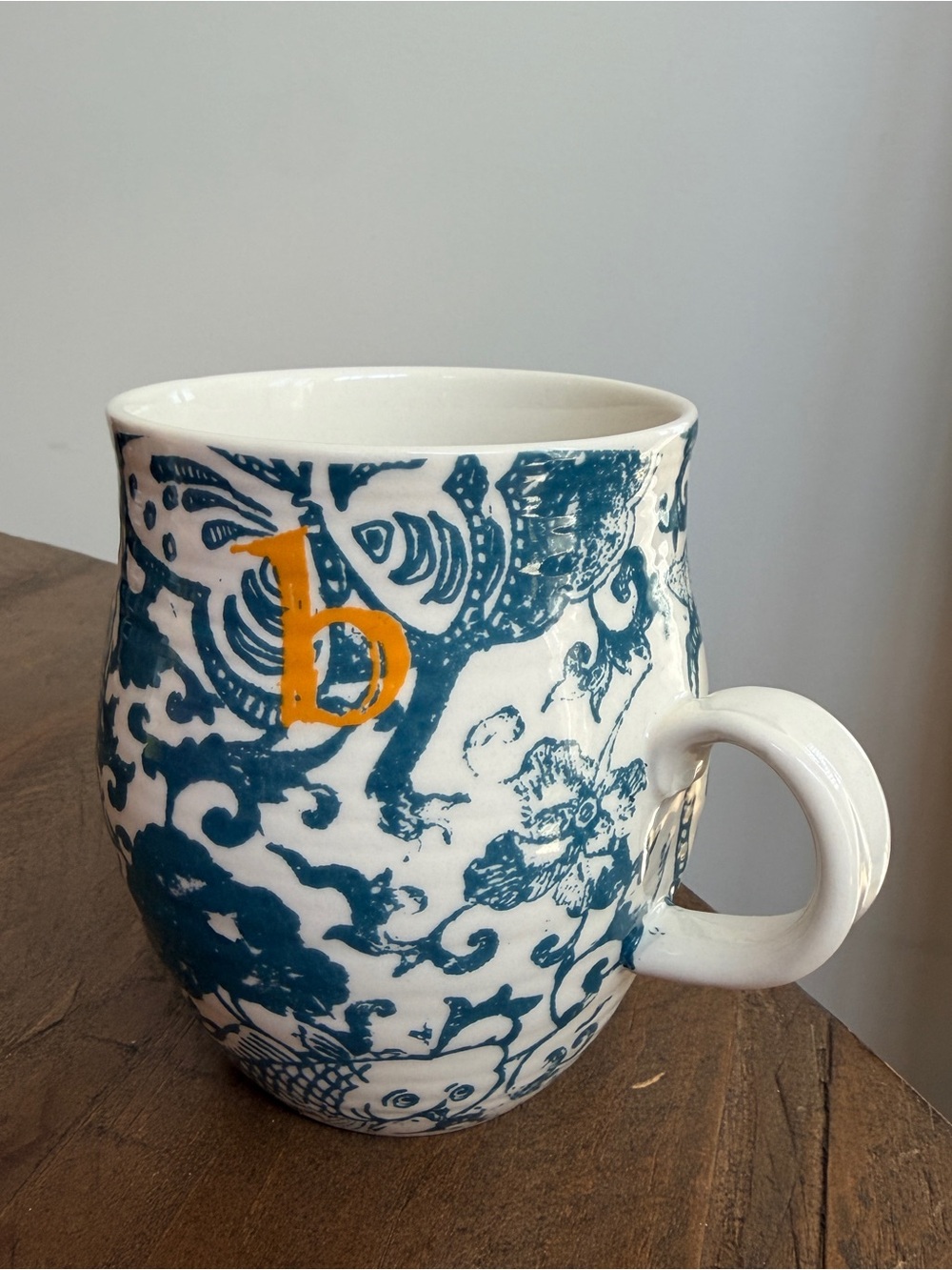Anthropologie Blue and White Floral Ceramic Mug with Gold Initial “b”